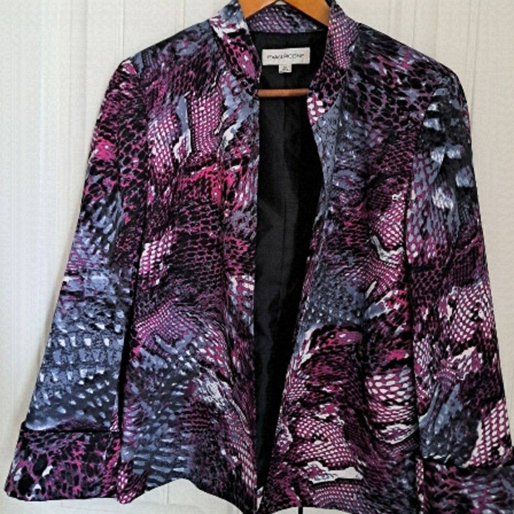 Vtg EVAN PICONE colorful open front blazer jacket lined cuffs M-L purples grey
